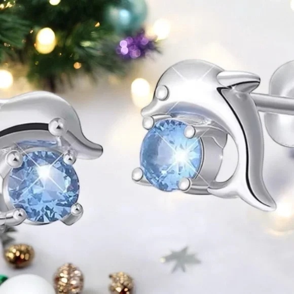 Sterling Silver Dolphin Earrings with Blue Gemstone .925 - Picture 1 of 5